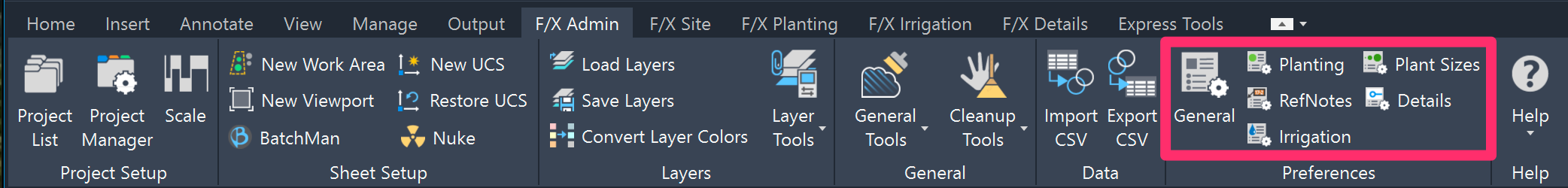 Preferences on FX Admin ribbon