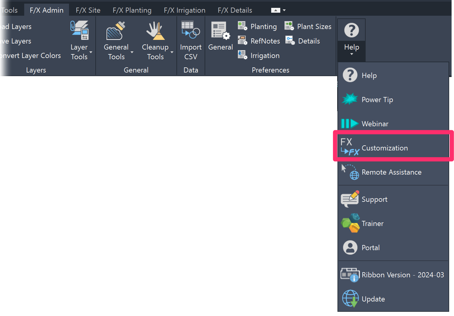 F/X Admin ribbon, Customization button