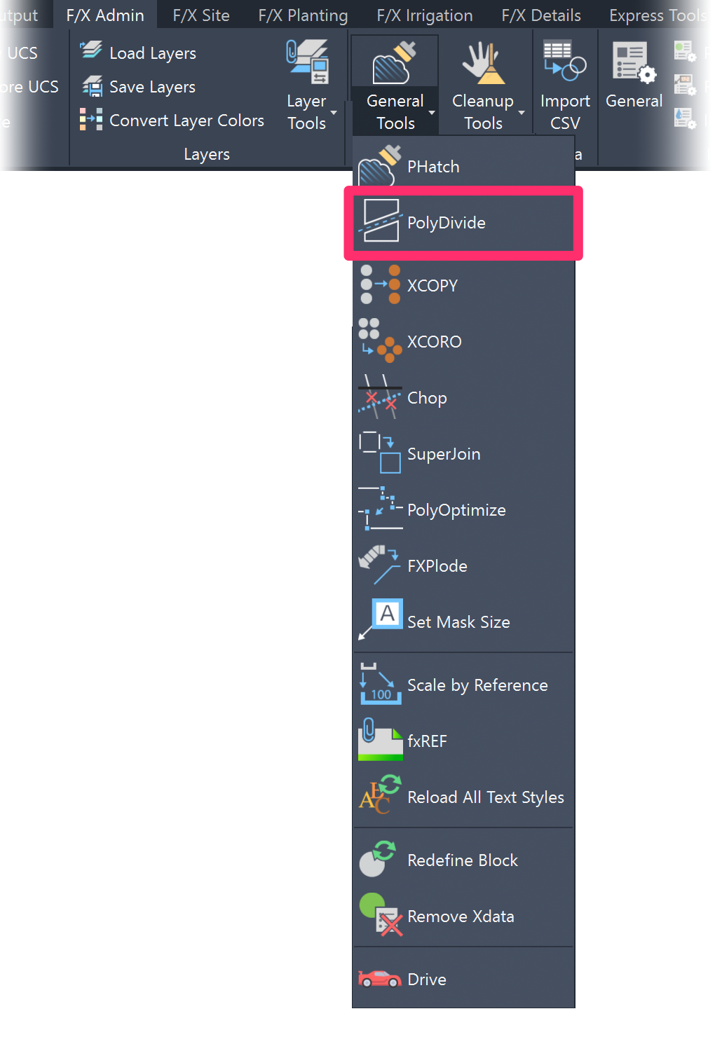 F/X Admin ribbon, PolyDivide flyout