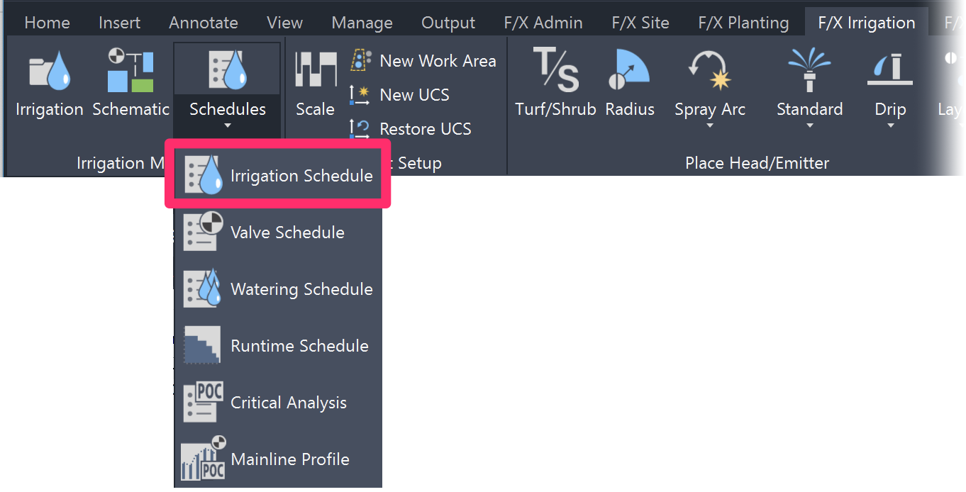 F/X Irrigation ribbon, Irrigation Schedule flyout