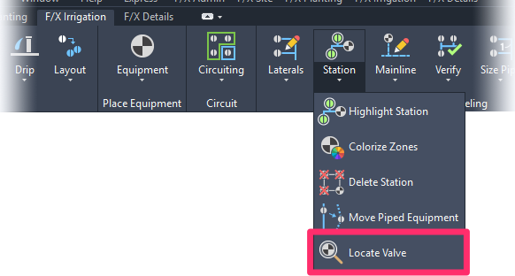 F/X Irrigation ribbon, Locate Valve flyout