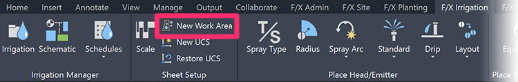 F/X Irrigation ribbon, New Work Area button