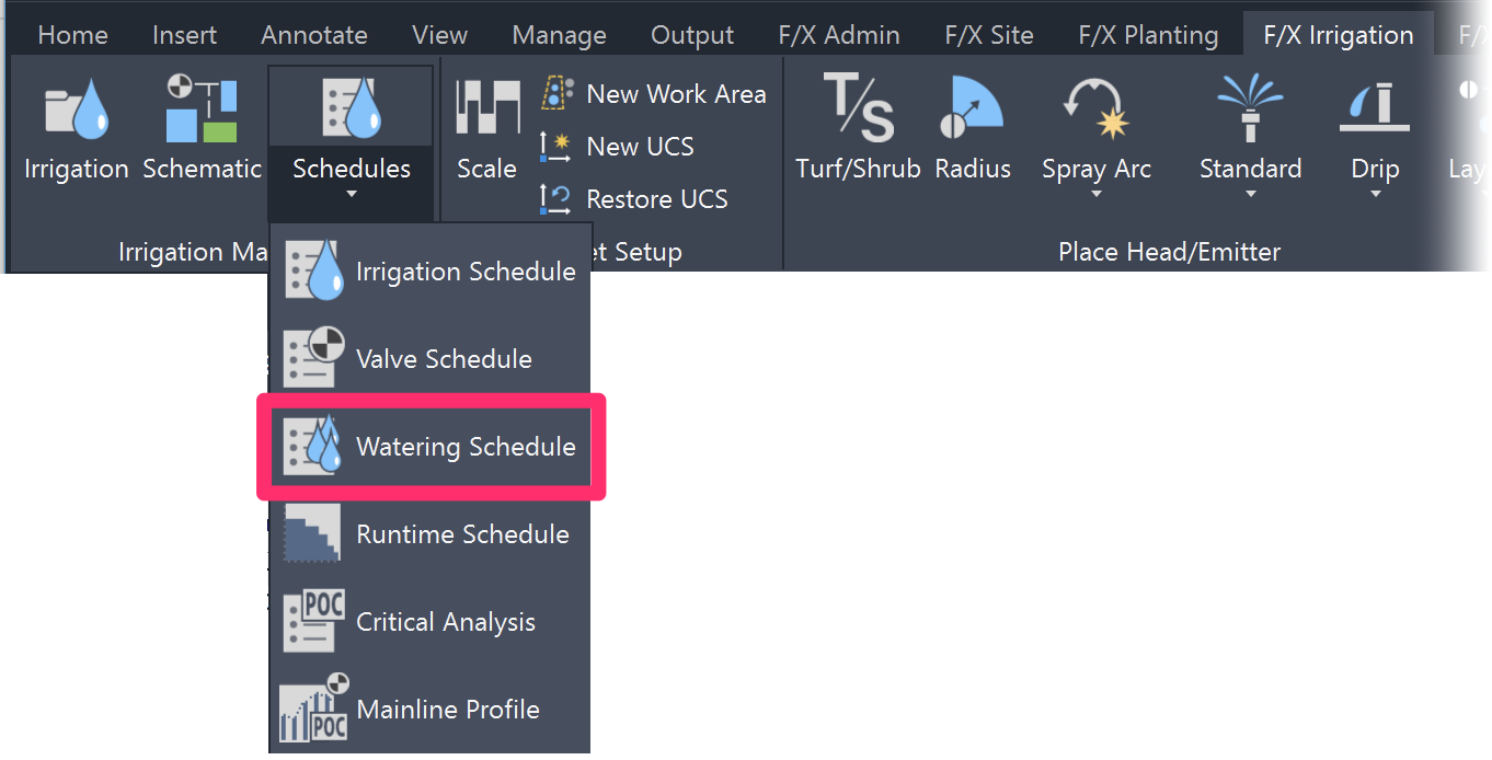 F/X Irrigation ribbon, Watering Schedule flyout