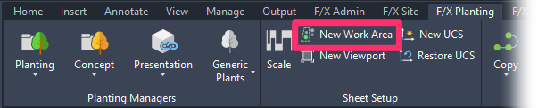 F/X Planting ribbon, New Work Area button