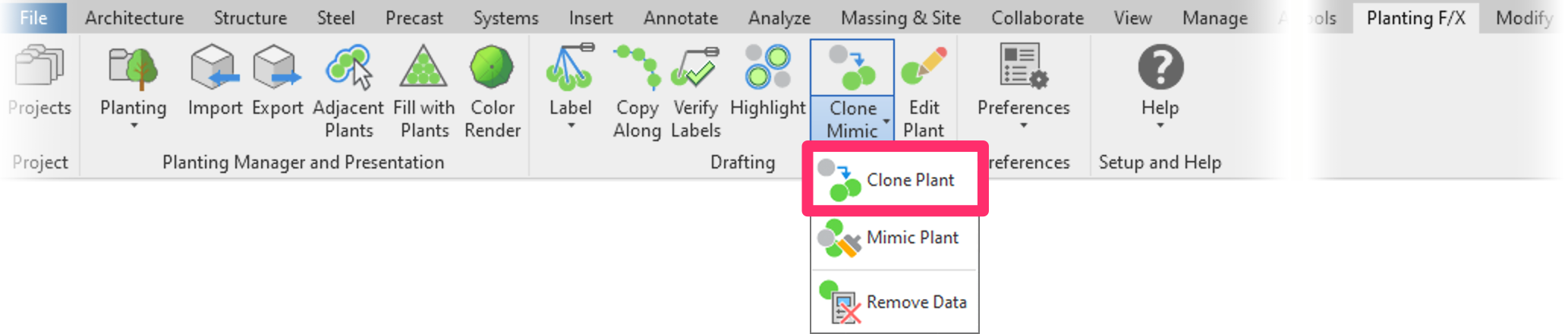 Planting F/X ribbon in Revit, Clone flyout