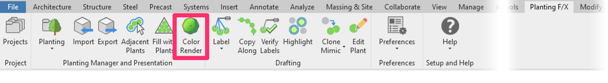 Planting F/X ribbon in Revit, Color Render flyout