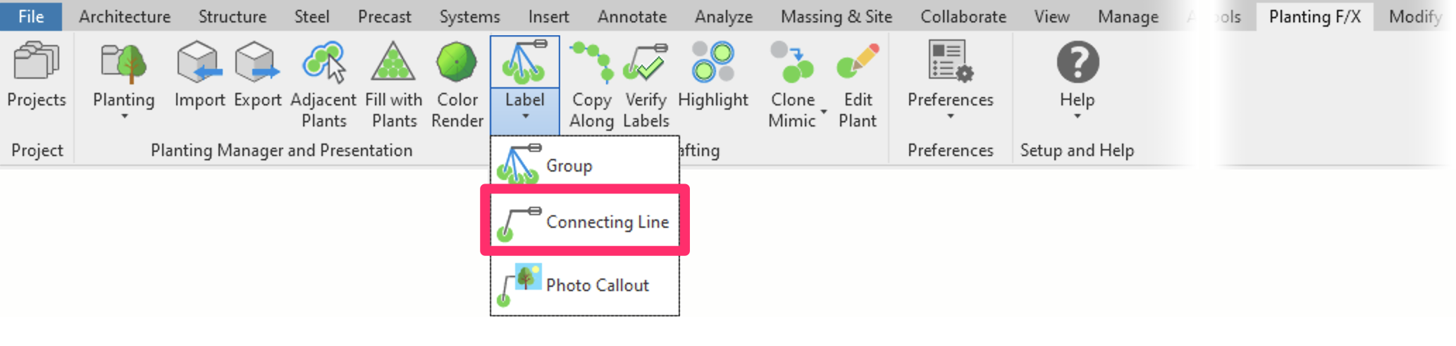 Planting F/X ribbon in Revit, Connecting Line flyout