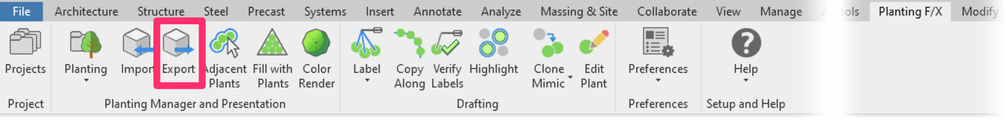 Planting F/X ribbon in Revit, Export button