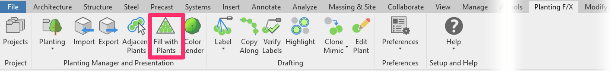 Planting F/X ribbon in Revit, Fill With Plants button