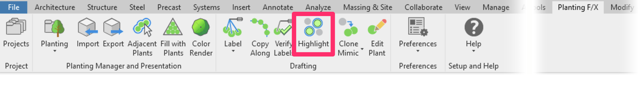 Planting F/X ribbon in Revit, Highlight button