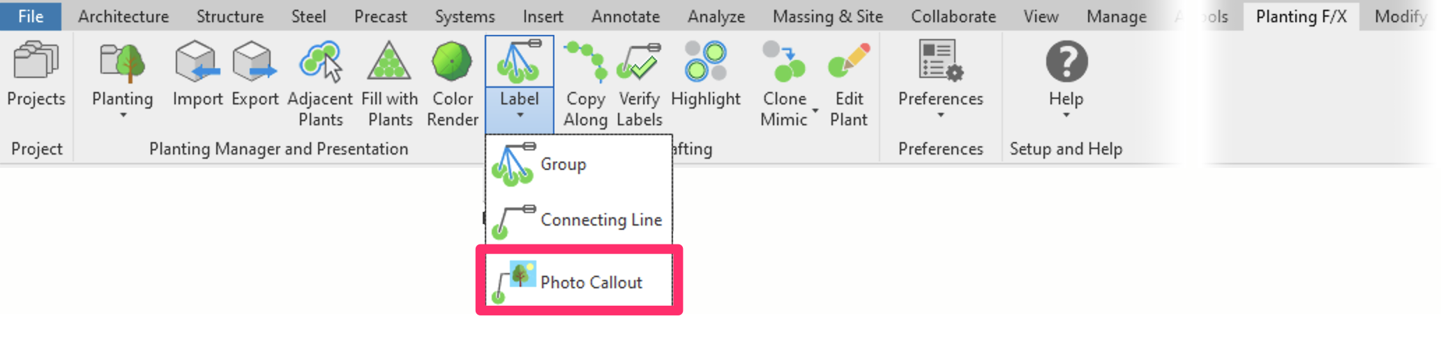 Planting F/X ribbon in Revit, Photo Callout flyout