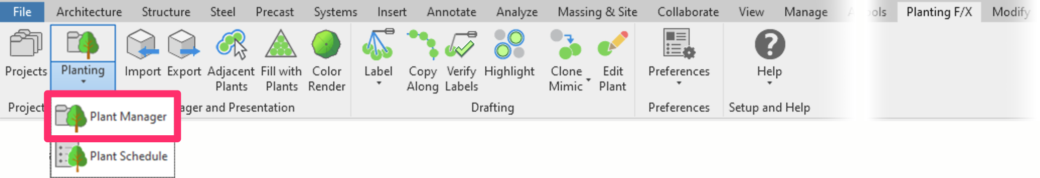 Planting F/X ribbon in Revit, Plant Manager button