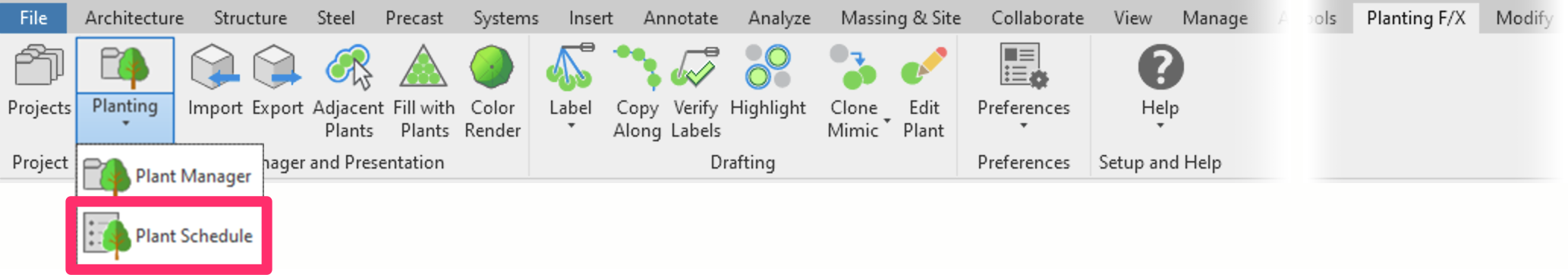 Planting F/X ribbon in Revit, Plant Schedule flyout