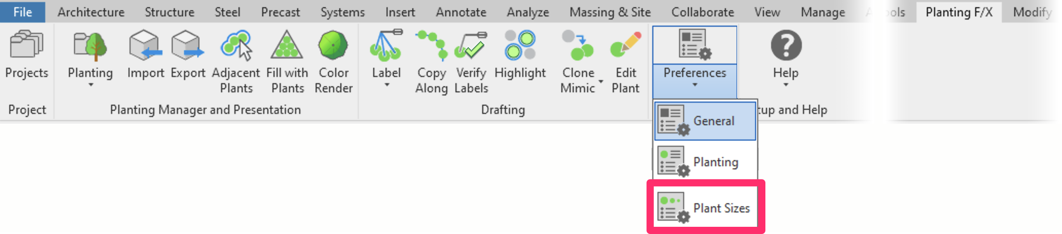 Planting F/X ribbon in Revit, Plant Sizes flyout