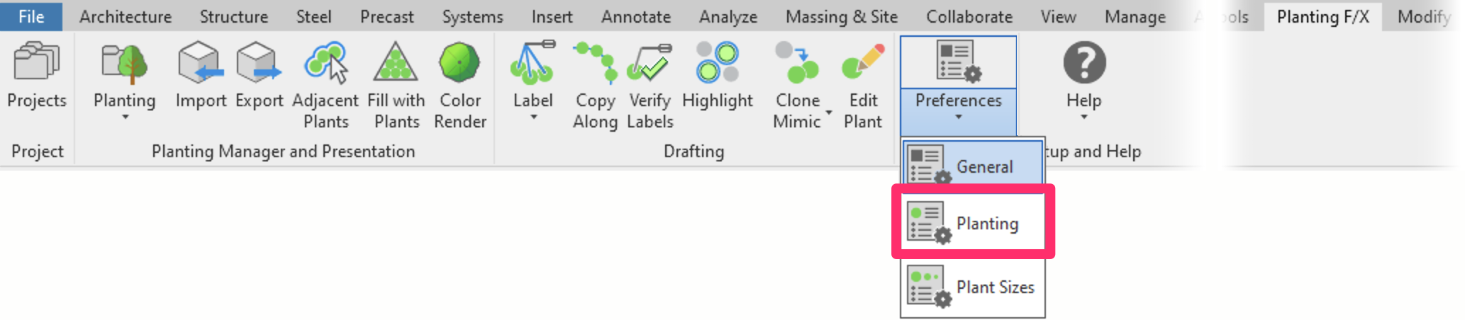 Planting F/X ribbon in Revit, Planting flyout