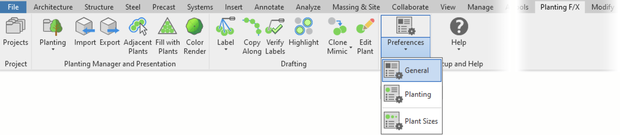 Planting F/X ribbon in Revit, Preferences flyout menu