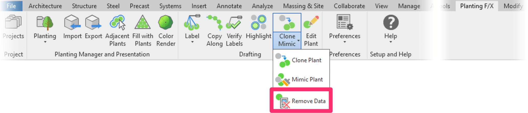 Planting F/X ribbon in Revit, Remove Data flyout