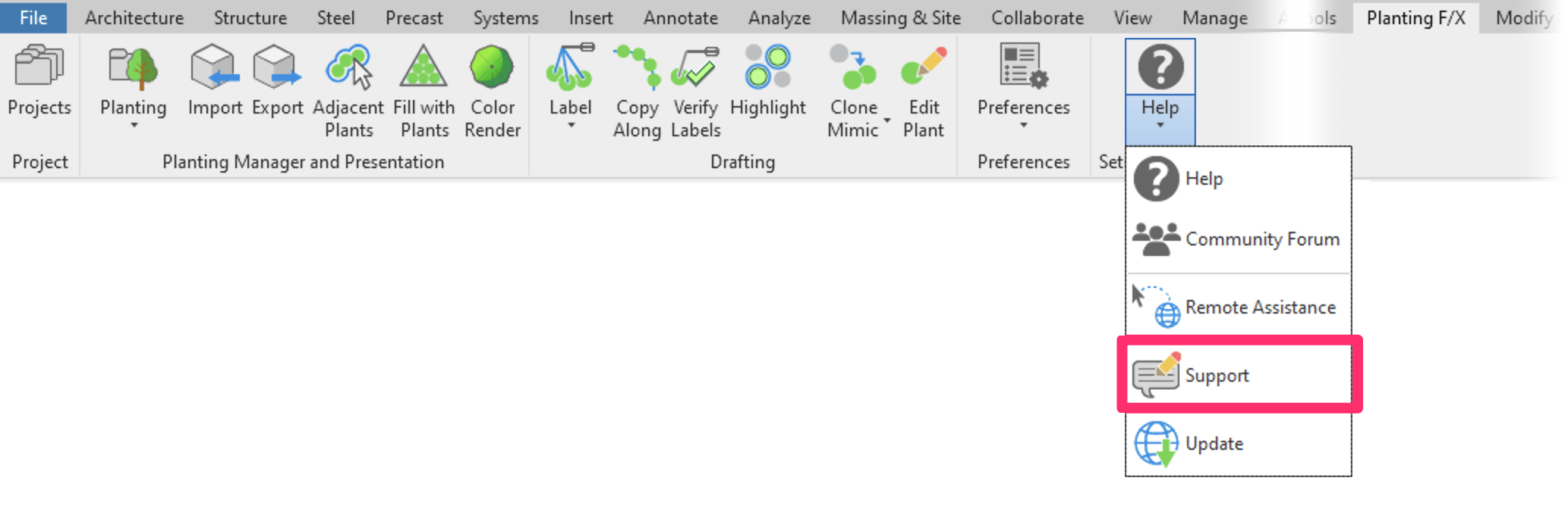 Planting F/X ribbon in Revit, Support flyout