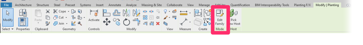 Modify | Planting ribbon, Edit Family button