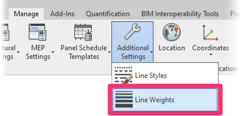 Revit Manage ribbon, Line Weights flyout