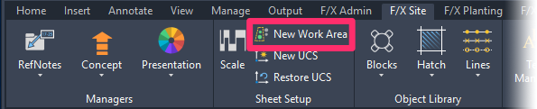 F/X Site ribbon, New Work Area button