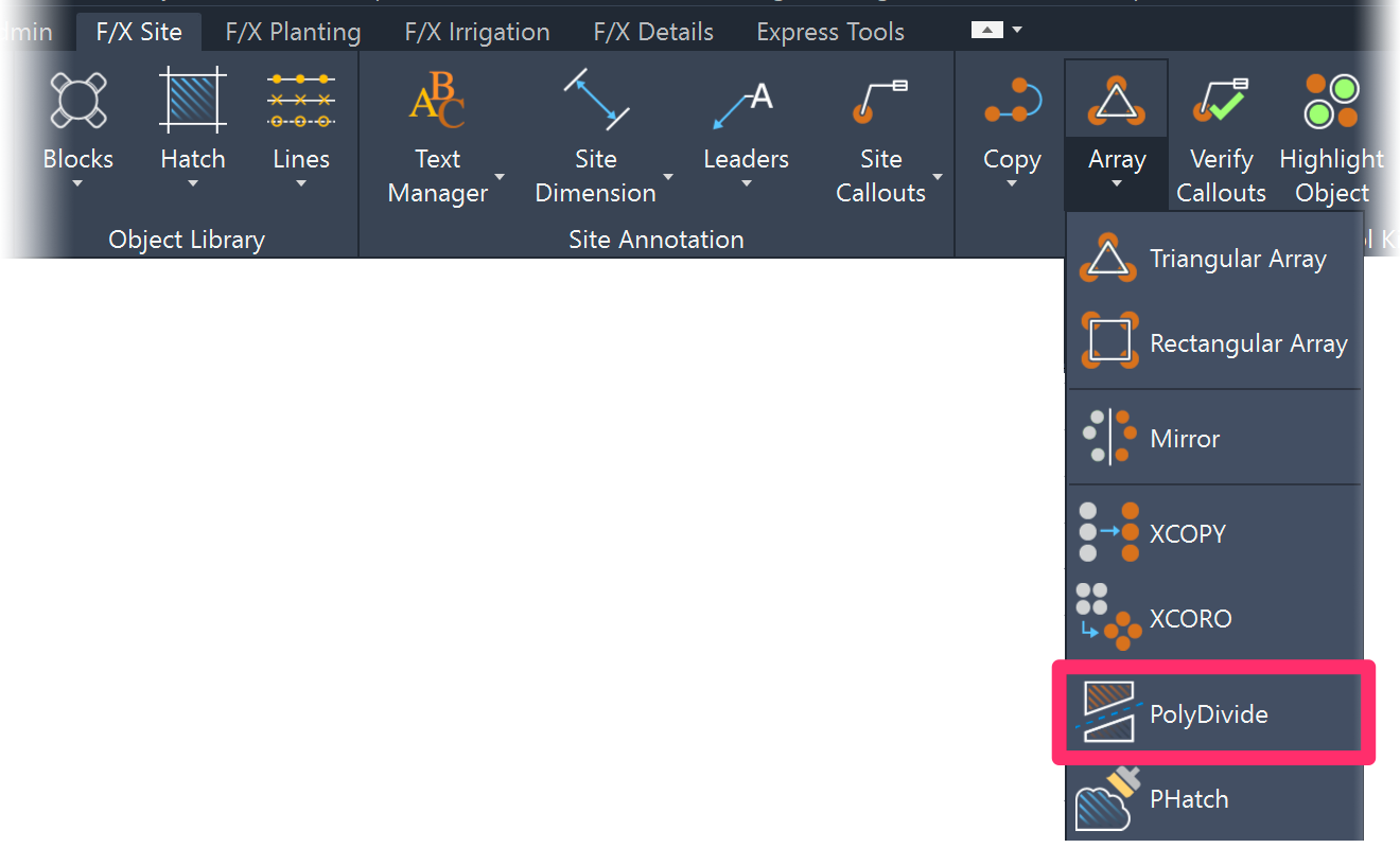 F/X Site ribbon, PolyDivide flyout