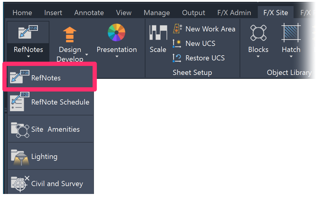 F/X Site ribbon, RefNotes flyout