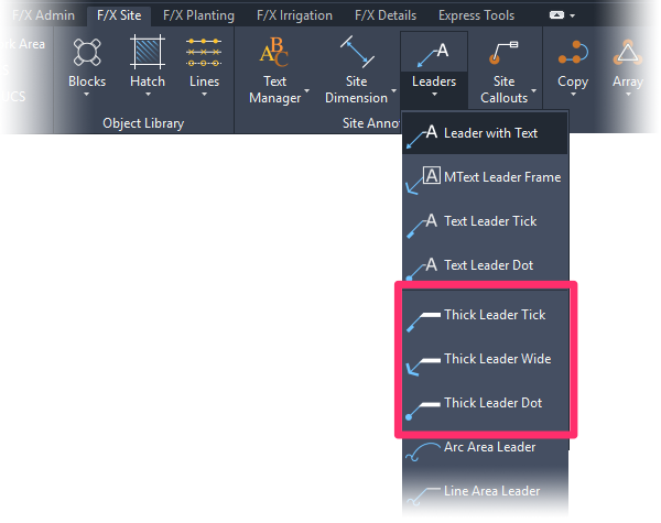 F/X Site ribbon, Thick Leader flyout