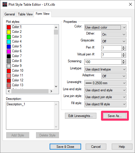 autocad plot style editor