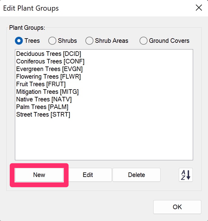 Edit Plant Groups dialog box, New button