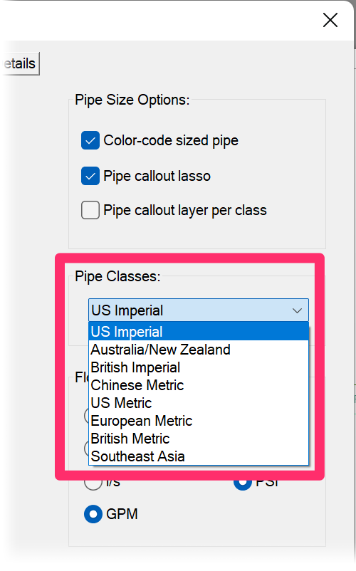 Pipe Classes menu