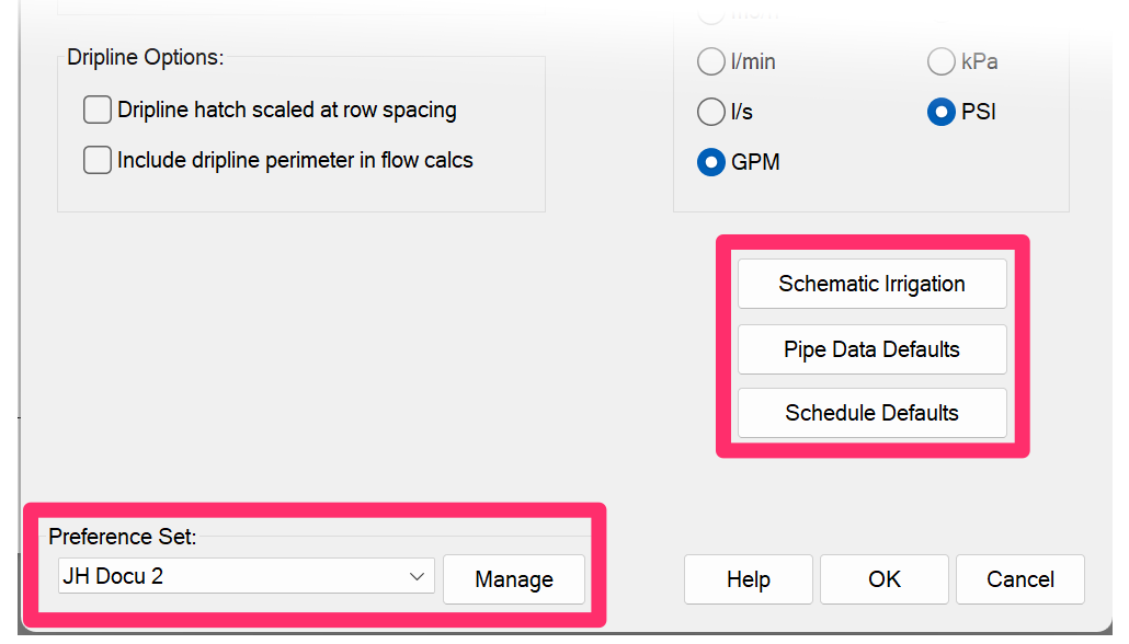 Schematic Irrigation, Pipe Data Defaults, and Schedule Defaults buttons