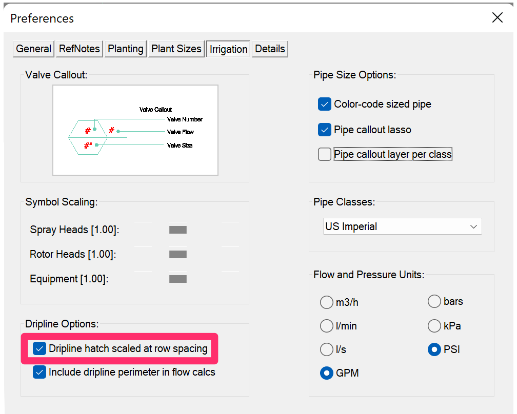 Dripline hatch scaled at row spacing option