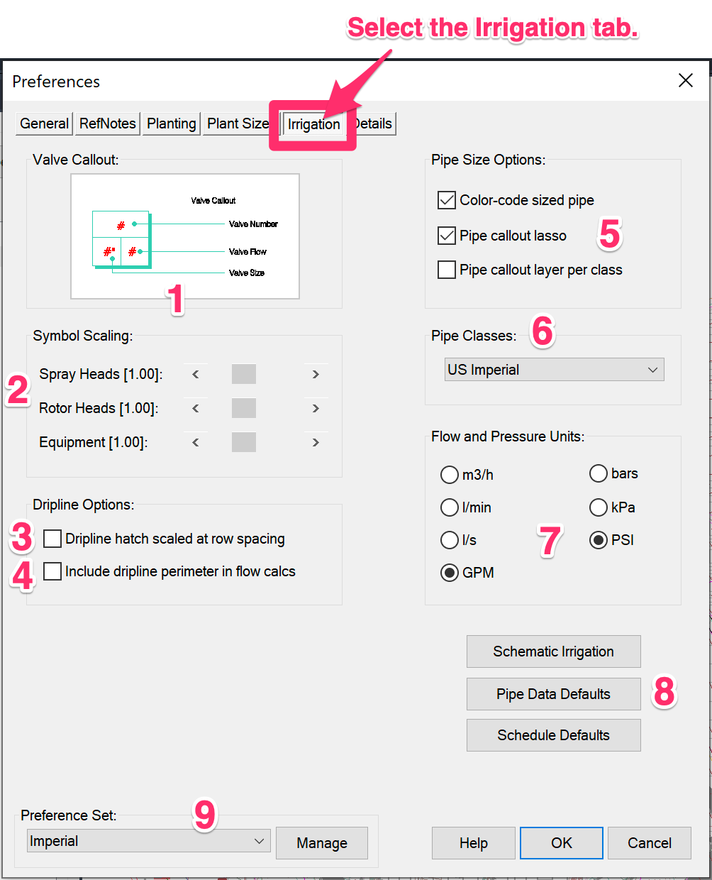 Irrigation Preferences screen, overview