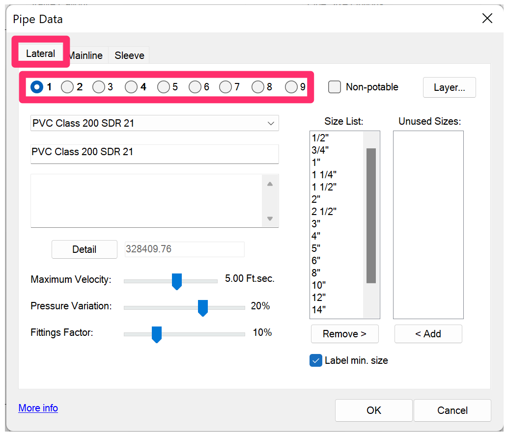 Pipe Data default settings, example