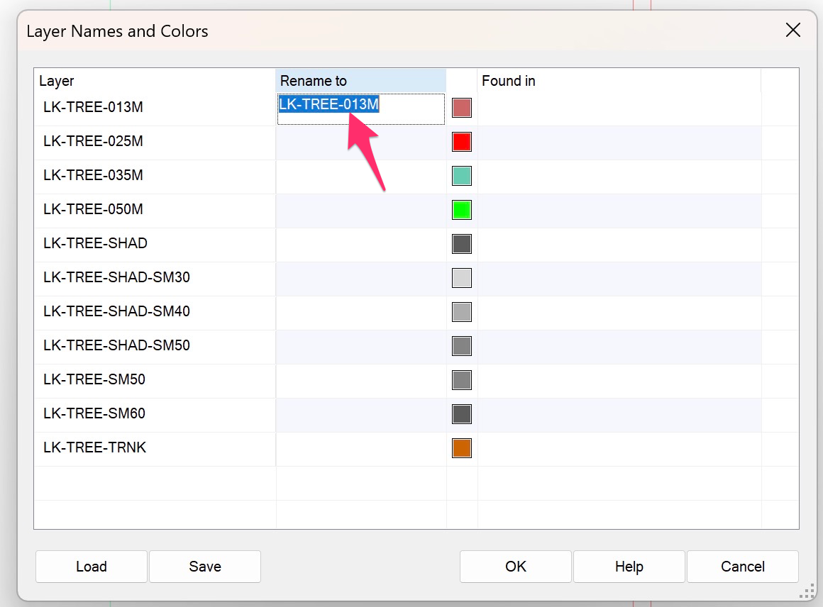 Layer Names and Colors dialog box