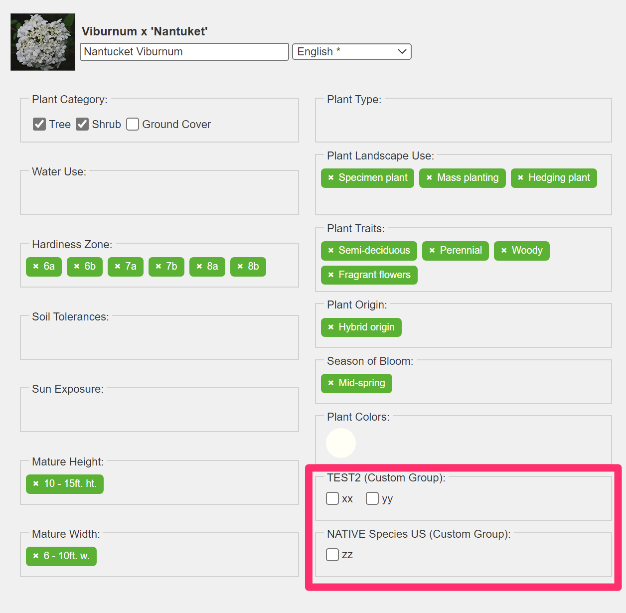 Plant data dialog box showing custom plant groups and fields