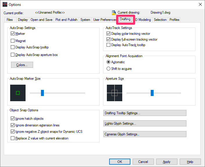 Drafting tab options