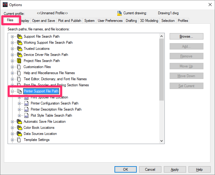 Files tab, Printer Support Search Path