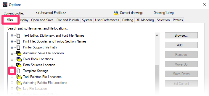 Options dialog box, Files tab, Template Settings path