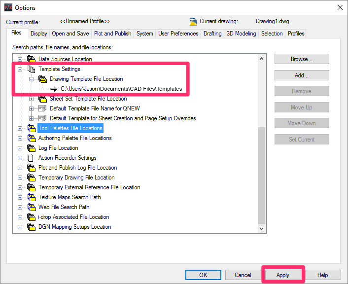 Template listed as Drawing Template File Location