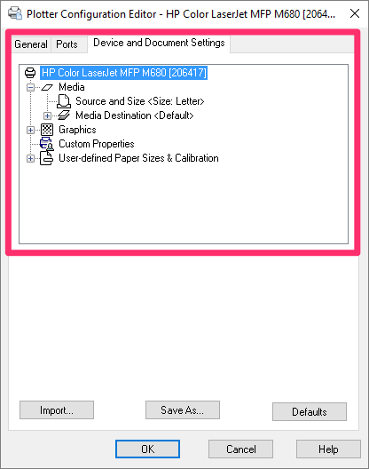 Plotter Configuration Editor, Device and Document Settings tab