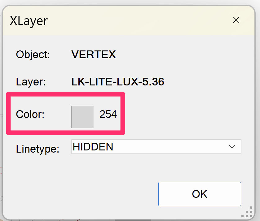 Xlayer dialog box with Color box highlighted