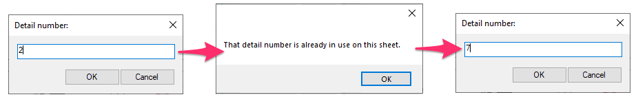 Renumbering detail, That detail number is already in use on this sheet message