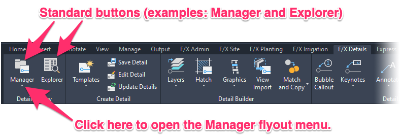 F/X Details ribbon showing standard buttons and flyout menus