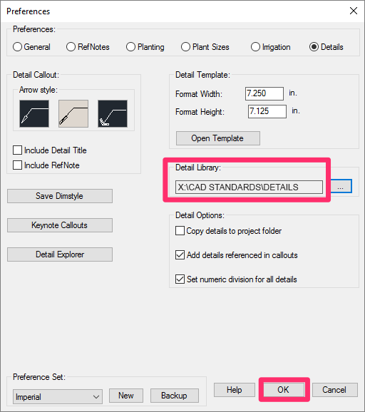 Details Preferences, Detail Library location