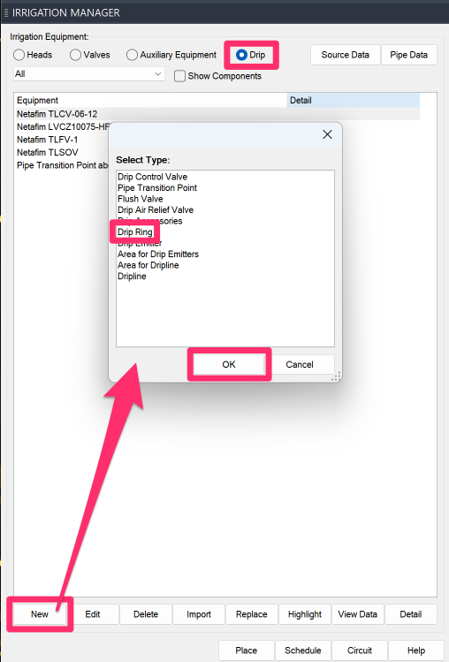 Adding a new drip ring from the Irrigation Manager