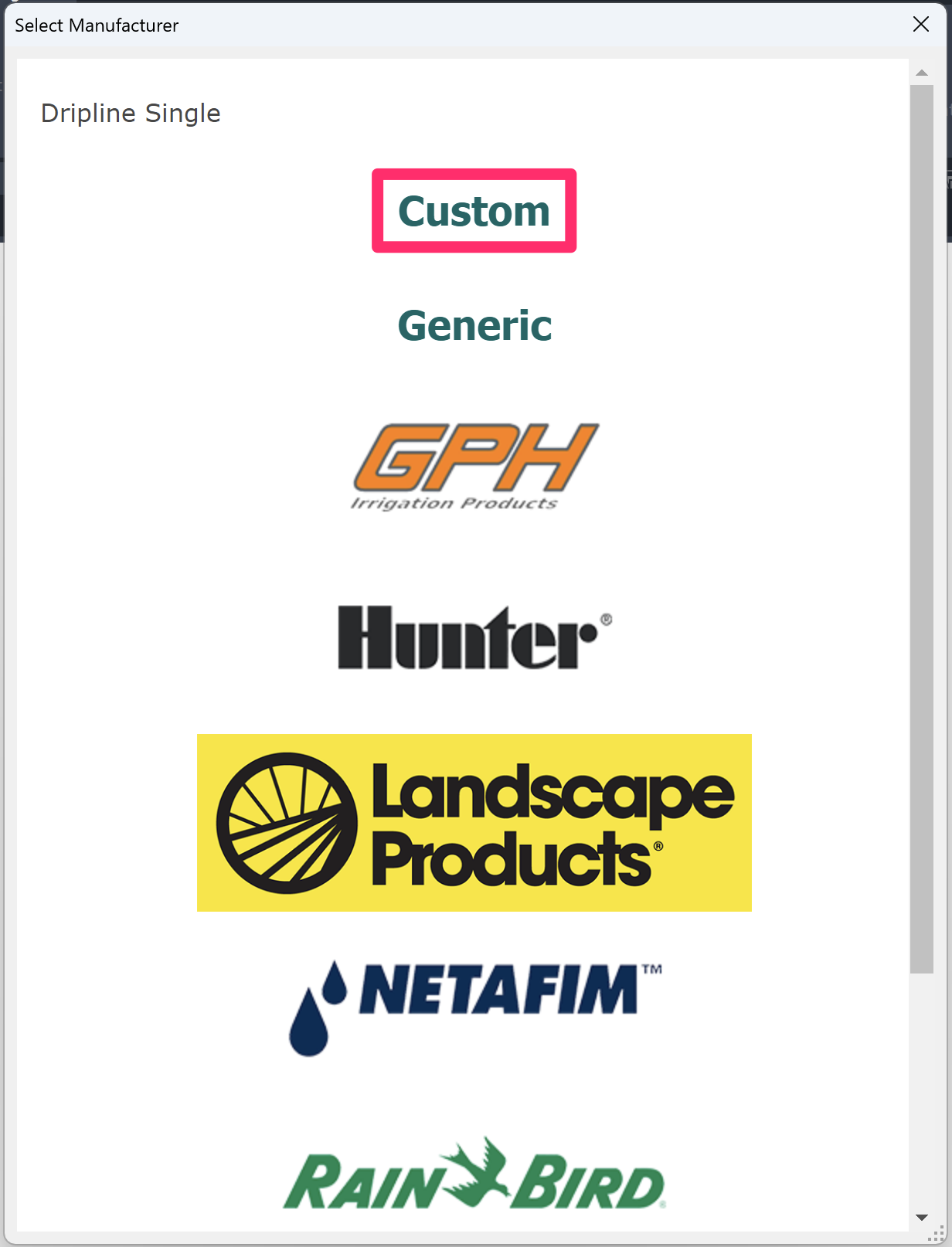 Select Manufacturer dialog box, Custom option