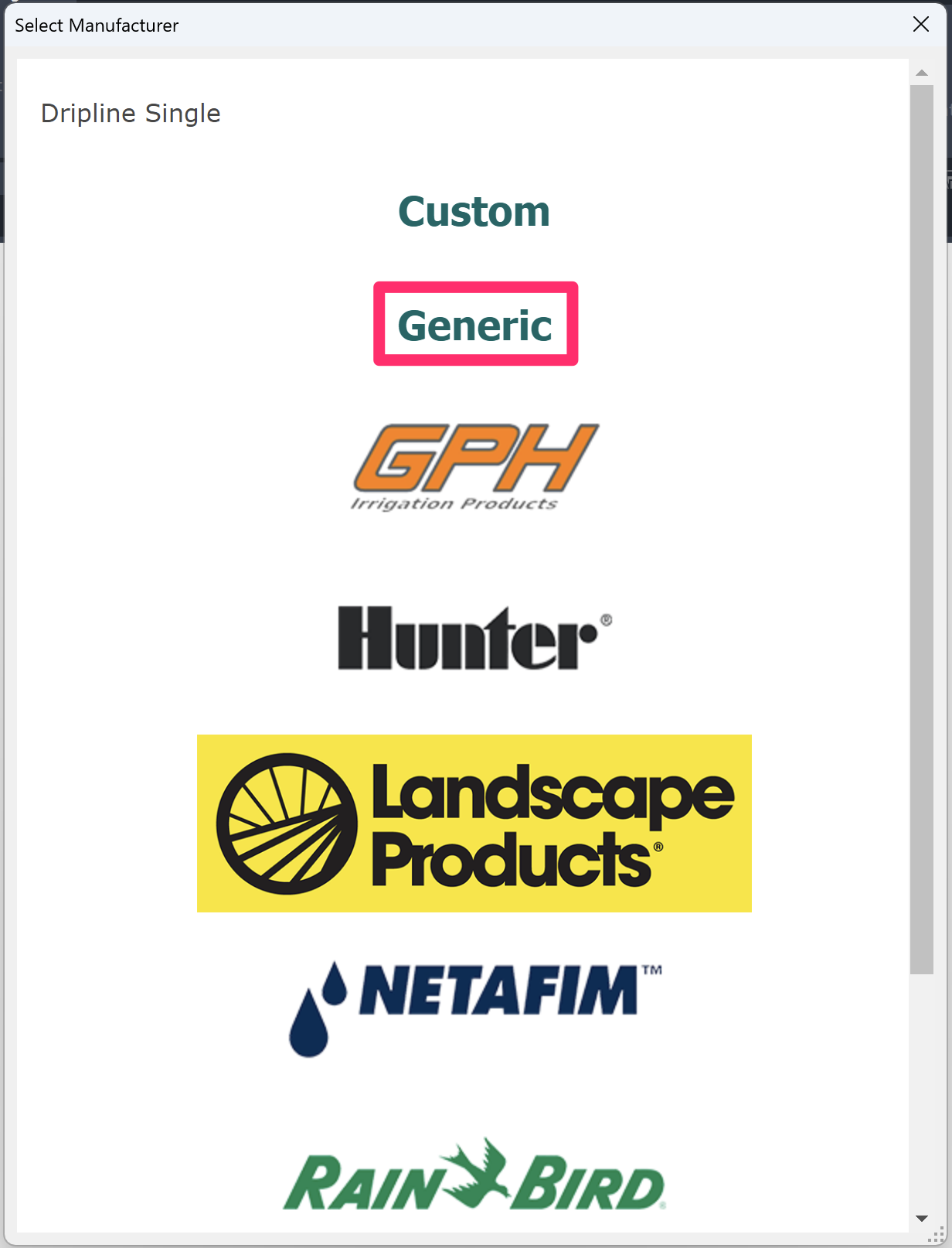 Select Manufacturer dialog box, Generic option