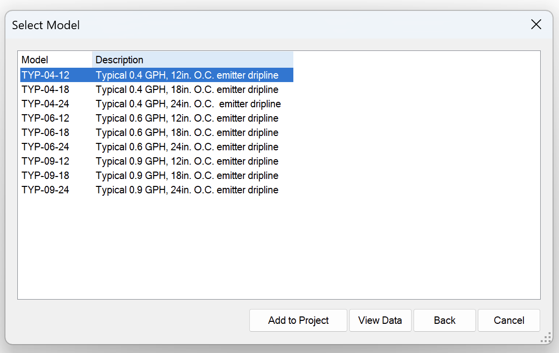 Select Model dialog box showing generic drip ring options